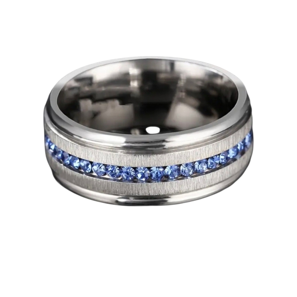 New Men's Stainless Steel Band Ring with Blue Cubic Zirconia Row Size 11